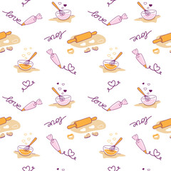 Seamless Valentine’s Day Baking Pattern with Cute Desserts, Rolling Pins and Love Elements on White Background