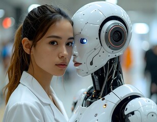 Woman and robot close up