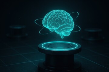Futuristic holographic glowing brain floating above pedestal
