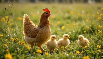 A realistic countryside photography of a golden-brown hen with her fluffy yellow chicks, walking through fresh spring grass with scattered yellow wildflowers, shallow depth of field, natural sunlight