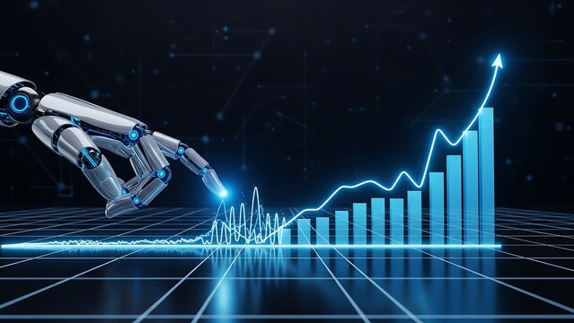 A robotic hand touches a rising digital bar graph, symbolizing the power of artificial intelligence in driving business growth and financial analysis.