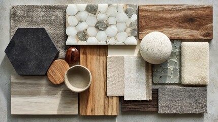 Textures mood board for architects with material samples interior design Top view styling board for selection process in creative projects