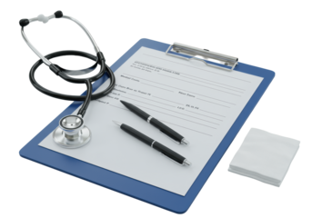 black stethoscope, blue clipboard, medical form, pen, white gauze pad on gray background, 45-degree overhead macro, concept of medical precision and organization