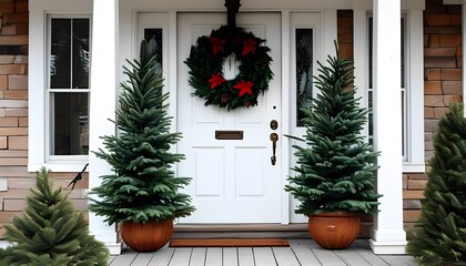 Festive front door display with christmas wreath and trees residential property seasonal decor outdoor close-up holiday spirit