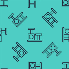 Black line Cat scratching post with toy icon isolated seamless pattern on green background. Vector