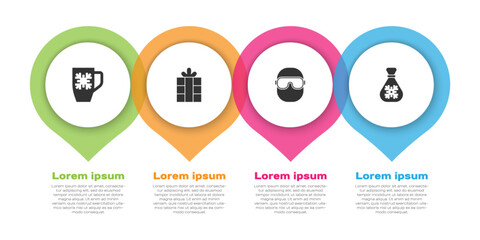 Set Coffee cup with snowflake, Gift box, Ski goggles and Santa Claus bag gift. Business infographic template. Vector