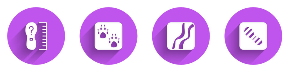 Set Square measure foot size, Paw print, Snake paw footprint and Human footprints shoes icon with long shadow. Vector