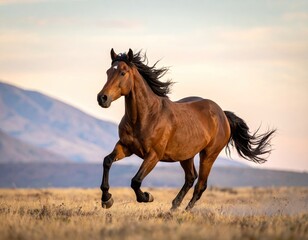 Obraz premium Brown Horse Galloping in a Field at Sunset