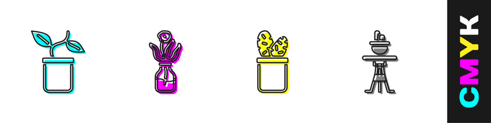 Set Plant in pot, Flower glass bottle, Cactus peyote and on table icon. Vector