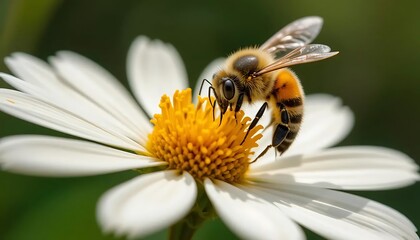 Macro photography of pollination, bee and flower close-up, natural background, high detail, stock photo style.