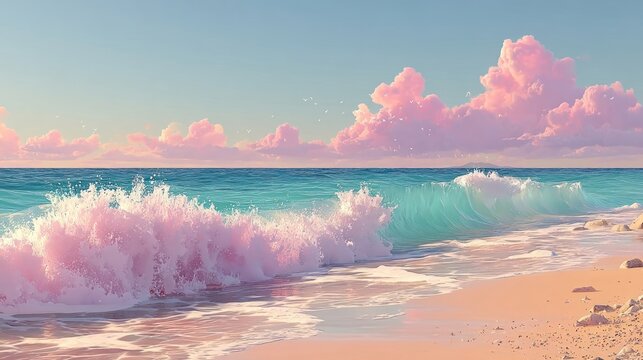 A serene coastal scene featuring a vibrant turquoise ocean, a soft pink shore, and pastel pink clouds, evoking a sense of tranquility and beauty.