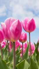 pink tulips against blue sky