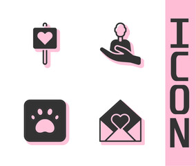 Set Envelope with Valentine heart, Location, Paw print and Caring for people icon. Vector