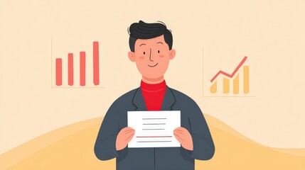 Businessperson Holding Document with Financial Graphs and Charts in Cartoon Style Illustration