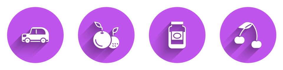 Set Car, Fruit, Jam jar and Cherry icon with long shadow. Vector