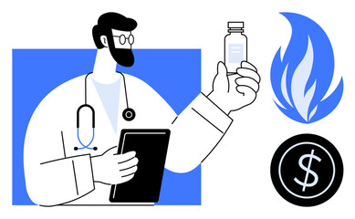 Healthcare professional holding a medicine vial and tablet, with concepts of rising costs, financial burden, and healthcare challenges. Ideal for medicine, economics, healthcare, pharmaceutical