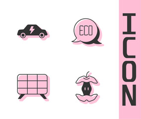 Set Apple core, Electric car, Solar energy panel and Leaf Eco symbol icon. Vector