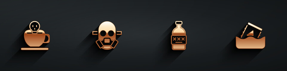 Set Coffee cup with skull, Gas mask, Poisoned alcohol and Radioactive waste in barrel icon with long shadow. Vector
