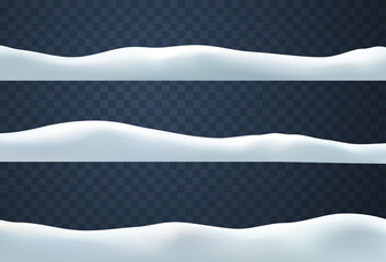 Snow drifts landscape set isolated on transparent background. Christmas borders with frozen hills and snowdrifts. Vector 3d snowbanks cover winter field