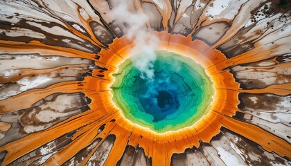 Aerial view of a colorful hot spring in Yellowstone National Park, vibrant geothermal pool with blue, turquoise, green, yellow and orange colors, top down drone perspective, natural texture landscape