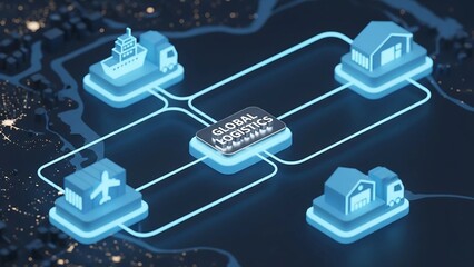 A glowing "GLOBAL LOGISTICS" tile is the core of a digital network connecting icons for shipping, trucks, and warehouses, symbolizing modern supply chain management and international trade.