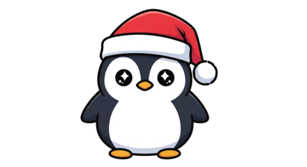 Kawaii Cartoon Penguin Illustration in Santa Hat with Big Sparkly Eyes, Festive Winter Holiday Mascot for Christmas and New Year Designs