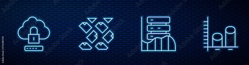 Wall mural set line server, data, web hosting, cloud computing lock, stream and analysis. glowing neon icon on 