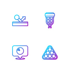 Set line Billiard balls in rack triangle, Location with bowling, and pocket. Gradient color icons. Vector