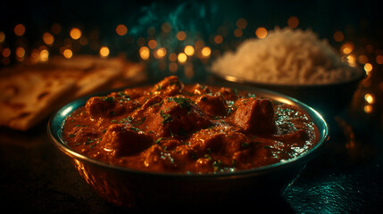 Butter chicken with naan and rice in metallic bowl