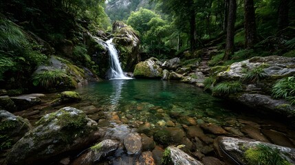 Serene and picturesque waterfall cascading over moss-covered rocks into a clear, tranquil pool in the heart of a lush, dense rainforest, showing gentle motion.