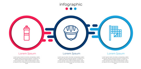 Set line Sport bottle with water, Bicycle helmet and Checkered flag. Business infographic template. Vector