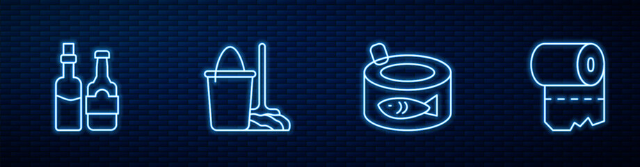 Set line Canned fish, Whiskey bottle, Mop and bucket and Toilet paper roll. Glowing neon icon on brick wall. Vector © Vadim