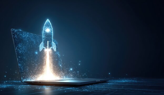 A laptop computer with a digital rocket launching from its screen.  The rocket is a glowing, polygonal design against a dark background.  Abstract particles trail the rocket