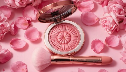 High-resolution flatlay of luxury pink blush compact with mirror, surrounded by fresh cherry blossom petals, paired with a soft blush brush with metallic rose-gold handle, photographed on a clean 