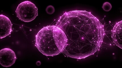 Pink spheres with interconnected lines showcase a complex, glowing network of interconnected forms against a dark background.