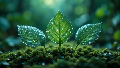 Macro photography of three newborn leaves glowing with life, covered in crystal raindrops, sprouting from a mossy forest floor. Ethereal lighting creates a mystical aura, soft emerald bokeh background