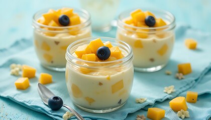 Close-up food photography of tropical coconut mango pudding served in small transparent glass jars, topped with diced golden mango and a single blueberry, styled on a pastel blue textured 