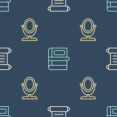 Set line Papyrus scroll, Round makeup mirror and Book on seamless pattern. Vector