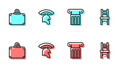 Set line Ancient column, Suitcase, Roman army helmet and Chair icon. Vector