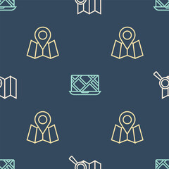 Set line Search location, Folded map with marker and City navigation on seamless pattern. Vector