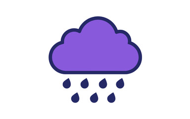 Obraz premium Purple rain cloud icon with dark blue outline and raindrops.