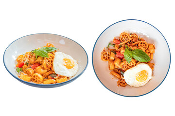 Delectable Pasta Delight: A vibrant visual feast of two pasta dishes, artfully presented with a fried egg and fresh basil leaves, offering a tantalizing preview of culinary excellence.