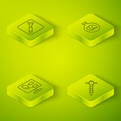 Set Isometric line Exhibition with minerals, rocks, Soil analysis, Construction jackhammer and Paint brush icon. Vector