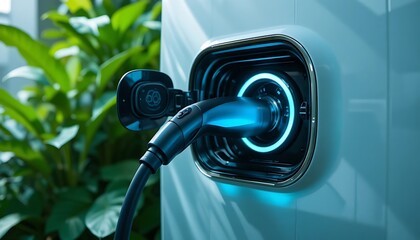 Futuristic electric vehicle charging port mounted on asleek wall station, glowing blue LED ring around the connector, symbol of green technology and clean energy, surrounded by lush vibrant green leaf