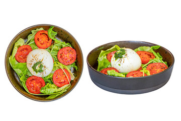 Fresh Burrata Salad: A culinary delight featuring creamy burrata cheese, vibrant tomatoes, and fresh greens in a rustic setting, this image embodies the essence of gourmet food.