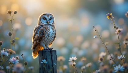 Hyper-detailed fantasy wildlife photography of a barn owl perched on an old weathered wooden post, surrounded by blooming wildflowers in cyan and golden tones, dreamy soft-focus meadow background