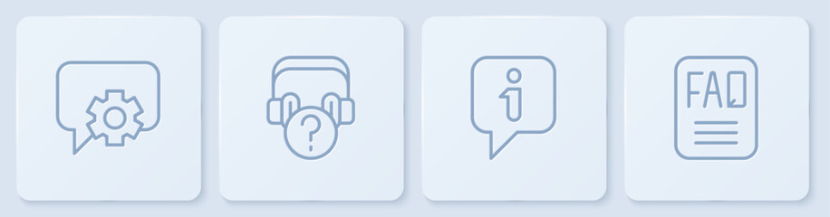 Set line Telephone 24 hours support, Information, Headphones with question and FAQ information. White square button. Vector