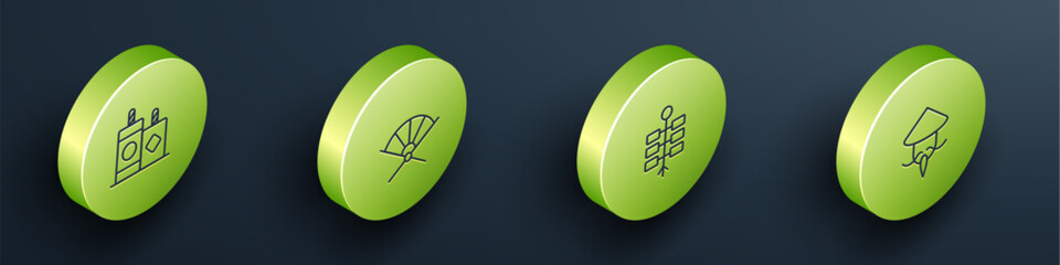 Set Isometric line Firework, Traditional paper fan, and Asian Chinese conical straw hat icon. Vector