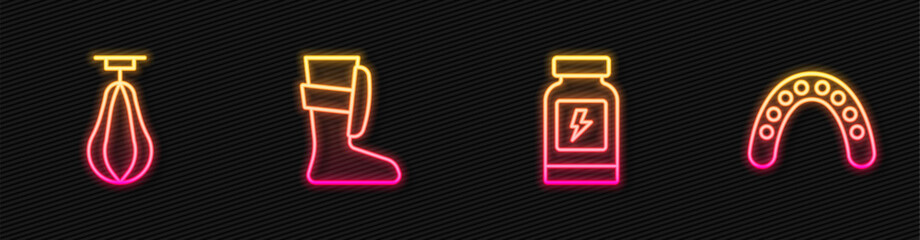Set line Energy drink, Punching bag, Sport boxing shoes and Mouth guard boxer. Glowing neon icon. Vector