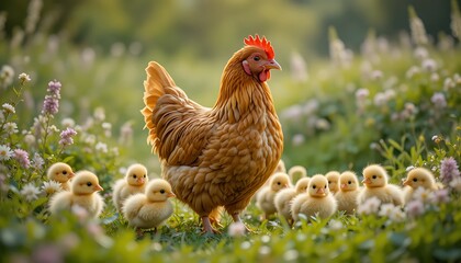 A serene countryside scene of a mother hen with vibrant golden-brown feathers surrounded by fluffy yellow chicks, walking through fresh green grass dotted with blooming wildflowers